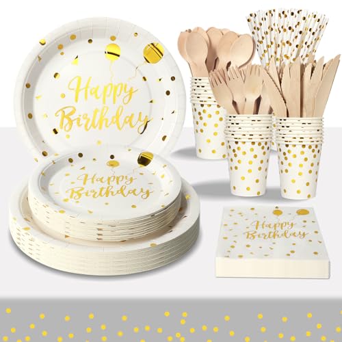 PYAILI 193 Pieces Happy Birthday Partygeschirr Set | Kindergeburtstag Weiß Gold Pappteller | Tablecloth, Plates, Cups, Napkins, Papier Strohhalme und mehr (24 Gästes) von PYAILI