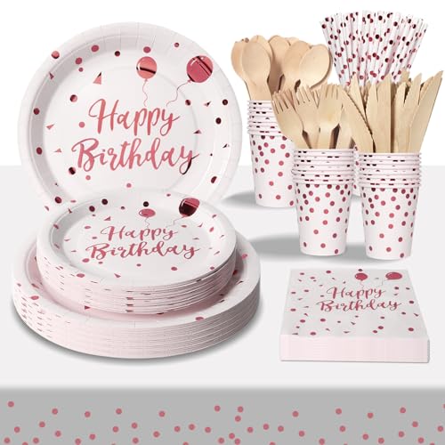 PYAILI 193 Pieces Happy Birthday Partygeschirr Set | Kindergeburtstag Weiß Rotgold Pappteller | Tablecloth, Plates, Cups, Napkins, Papier Strohhalme und mehr (24 Gästes) von PYAILI