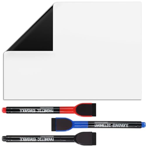 PYEUIFT 4 Stück Whiteboard Magnetwand, A4 Magnetische Dry Erase Whiteboard Blatt für Kühlschrank, 3 White board-Stift mit Radiergummi, Magnetic Soft für Haus, Büro, Schule(30 x 21 cm) von PYEUIFT