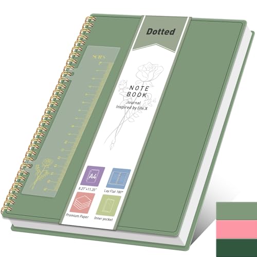 PYNEX Notizbuch A4 Dotted,Bullet Dotted Journal, Ringbuch,21.5 x 27.9cm, 105gsm, Mit Lesezeichen - Lineal, Innenfach und dickem - Salbei Grün von PYNEX