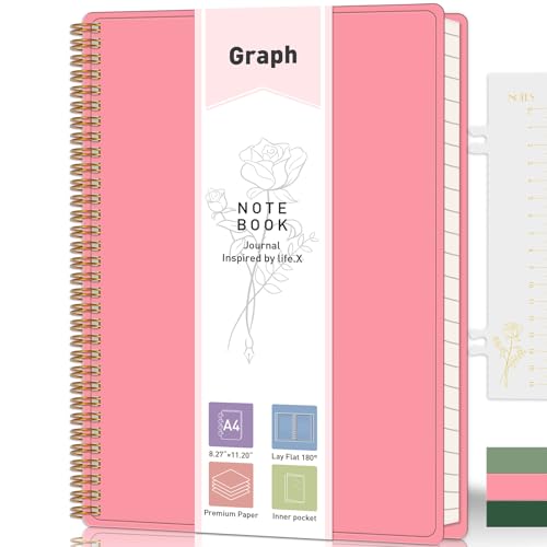 PYNEX Ringbuch Notizbuch A4 Kariert, 21.5 x 27.9cm, Leichtgewicht Notizbücher, Checkered block, 100gsm, Büro, College, Forscher, Geschäftsleute Rosa von PYNEX