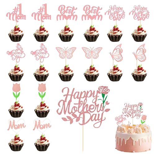 PYSEOSISE Muttertag Tortendeko, 37 Stück Happy Mothers Day Cake Topper, Glücklicher Muttertag Kuchen Topper Glitter Kuchendekoration Cupcake Topper für Muttertag Party von PYSEOSISE