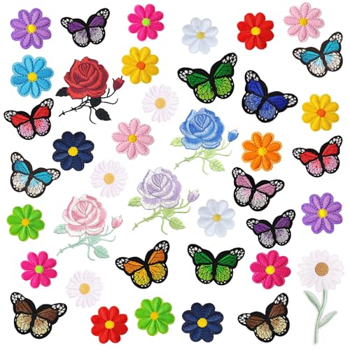 40 Stück Flicken zum Aufbügeln, Blumen Schmetterling Aufnäher Patches, Aufnäher zum Aufbügeln Gänseblümchen Patches zum Aufbügeln für Kleidung Jeans Jacken Mützen Rucksäcke von PYSEOSISE