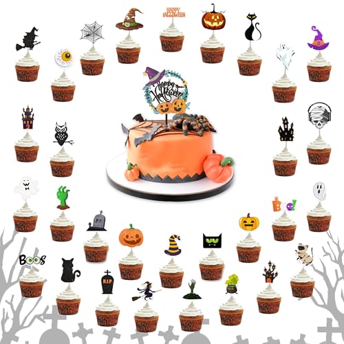 PYSEOSISE Halloween Tortendeko, 37 Stück Halloween Cupcake Topper, Geist Katze Kürbis Schloss Halloween Muffin Deko Kuchendeko Cupcake Dekoration für Geburtstag Party Supplies von PYSEOSISE