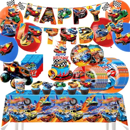 98 Stück Hot Wh-els Partygeschirr Set，Hot Wh-els Party Deko Geburtstag，Hot Wh-els Geburtstagsdeko，Hot Wh-els Servietten，Tischdecke，Pappteller，Hot Wh-els Luftballons，Geburtstag Deko MäDchen und Jungen von PYTRARTY