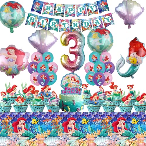 Meerjungfrau Geburtstagsparty Deko 3 Jahre，Ariel Geburtstag Luftballons，3 Jahre Meerjungfrau Party Deko，Ariel Party Ballons，Kinder Geburtstag Dekoration Set von PYTRARTY
