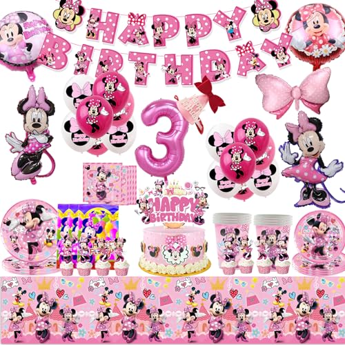 Minnie Geburtstagsdeko Set,3 Jahren Minnie Gebutstag Partygeschirr,110pcs Minnie Party Deko,Minnie Party Luftballon,Geschirrset für die Geburtstagsparty Eines Jungen von 3 Jahren von PYTRARTY