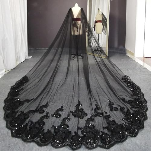 PZEOB einzigartig Veil Braut Tüll Schwarz Lange Hochzeit Schleier Brosche Fester Kopf Schleier 400/500 cm Cape Pailletten Spitze Rand Braut Tüll Schleier Drop Schleier Einfach zu tragen von PZEOB