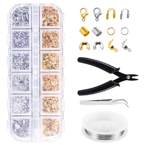 PZJFH 1200 Stück Quetschperlen Set, 6 Zubehörteile mit Crimpzange, Pinzette und Perlendraht, Schmuckherstellung Set für selbstgemachte Ohrringe, Halsketten, Armbänder, Schmuckherstellungszubehör PZJFH 1200 Stück Quetschperlen Set, 6 Zubehörteile mit Crimpzange, Pinzette und Perlendraht, Schmuckherstellung Set für selbstgemachte Ohrringe, Halsketten, Armbänder, Schmuckherstellungszubehör von PZJFH
