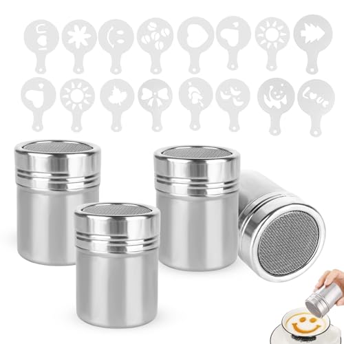 PZJFH 4 Stück Edelstahl Pulverstreuer mit 16 Stück Druckformen Schablonen, Schokoladenstreuer, Kakaopulver Shaker Spender, Schokolade Streuer Puder Schablone Shaker, für Schokolade Zucker Kakao Mehl PZJFH 4 Stück Edelstahl Pulverstreuer mit 16 Stück Druckformen Schablonen, Schokoladenstreuer, Kakaopulver Shaker Spender, Schokolade Streuer Puder Schablone Shaker, für Schokolade Zucker Kakao Mehl von PZJFH