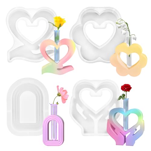PZJFH 4 Stück Silikon Gießformen Set, DIY Herz & Blumen Vase Silikonform Mit Reagenzglas, Kreative Deko Gießform Für Harzgießen, Einzigartige Silikonform Zum Basteln Und Verschenken von PZJFH