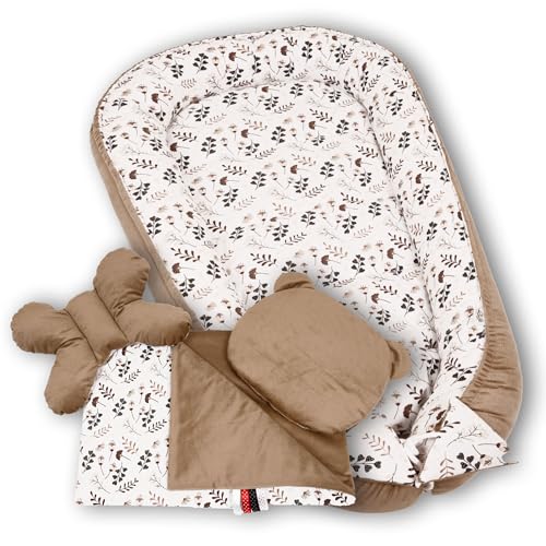 PaLulli Premium 5 teilig Babynestchen Set Babynest 95 x 55 herausnehmbare Einlage Kuschelnest Krabbeldecke Einsatz Bett Babys Neugeborene 100% Baumwolle & Samtstoff Öko Tex (Beige Pflanzen) von PaLulli