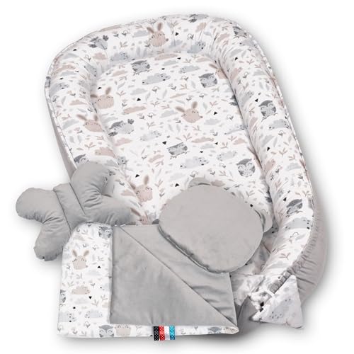 PaLulli Premium 5 teilig Babynestchen Set Babynest 95 x 55 herausnehmbare Einlage Kuschelnest Krabbeldecke Einsatz Bett Babys Neugeborene 100% Baumwolle & Samtstoff Öko Tex (Grau Eule) von PaLulli