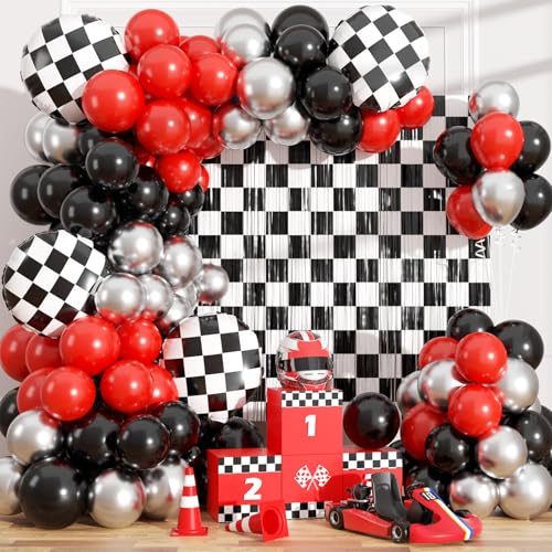Rennauto-Ballon-Girlande, Bogen-Set, Geburtstagsparty-Dekorationen, schwarz-weiß karierte Folien-Fransenvorhänge, Hintergrund, Lametta, Luftschlangen, Foto-Requisiten, Rennen, One Happy Dude Rennauto-Ballon-Girlande, Bogen-Set, Geburtstagsparty-Dekorationen, schwarz-weiß karierte Folien-Fransenvorhänge, Hintergrund, Lametta, Luftschlangen, Foto-Requisiten, Rennen, One Happy Dude von PaYoLorn