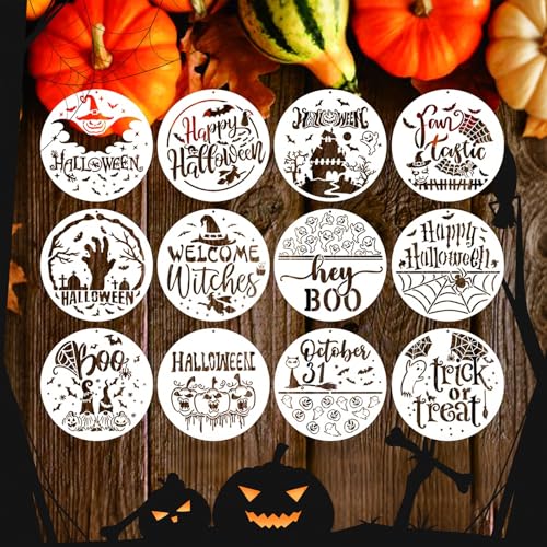 12 Stück Halloween-Schablonen Rund 30,5 cm Wiederverwendbare Kunststoff-Malschablonen für DIY Tür- und Holzschilder mit Kürbis Geist Spinnennetz und Fledermaus Motiven 12 Stück Halloween-Schablonen Rund 30,5 cm Wiederverwendbare Kunststoff-Malschablonen für DIY Tür- und Holzschilder mit Kürbis Geist Spinnennetz und Fledermaus Motiven von Pabbyeey