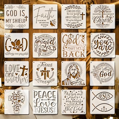 16 Stück Christliche Schablonen 15 x 15 cm (cm, Wiederverwendbare Bibelvers & Glaubens-Motive, Stencil Set für Holz Malerei, DIY Basteln, Wanddeko & Religionsunterricht von Pabbyeey