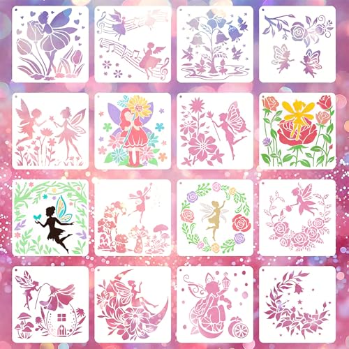 16 Stück Elfen Schablonen für Kinder DIY Malen Blumen Schablonen Wiederverwendbare Malschablonen für Wand Möbel Stoff Holz Scrapbooking Bastelvorlagen Mädchen Feen Stencil Set von Pabbyeey