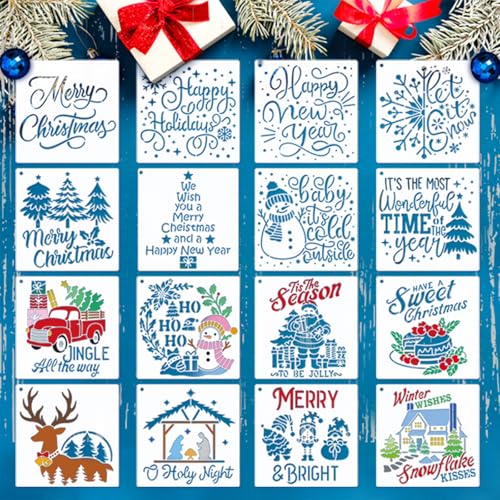 16 Stück Weihnachts Schablonen Set Wiederverwendbare Malschablonen in Farbe mit Motiven wie Merry Christmas Santa Schneeflocken und Neujahrsgrüßen Für DIY Deko auf Holz Stoff Karten und Fenstern 16 Stück Weihnachts Schablonen Set Wiederverwendbare Malschablonen in Farbe mit Motiven wie Merry Christmas Santa Schneeflocken und Neujahrsgrüßen Für DIY Deko auf Holz Stoff Karten und Fenstern von Pabbyeey