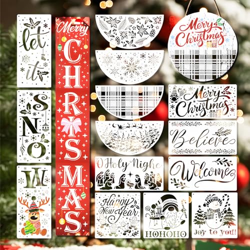 17 Stück Weihnachtsschablonen Set – Wiederverwendbare Malschablonen mit Weihnachtsgrüßen und Motiven wie Merry Christmas Schneeflocken Elch Santa für Holz Stoff Fenster Wanddeko von Pabbyeey