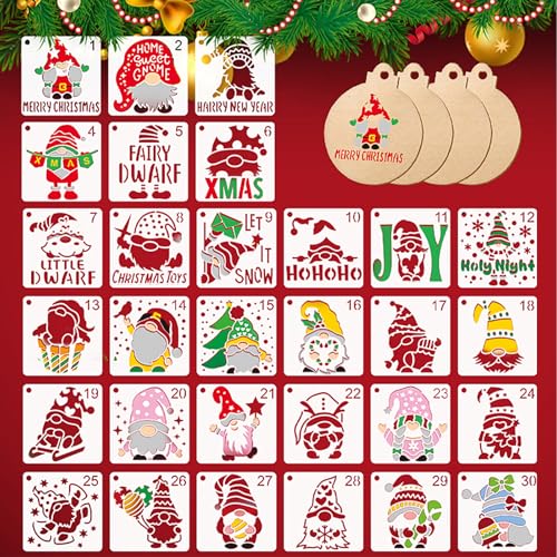 30 Stück Weihnachts Schablonen Set mit Gnom Motiven Wiederverwendbare Malschablonen in Farbe für DIY Basteln Karten Fenster Holz Stoff und Weihnachtsdekoration von Pabbyeey