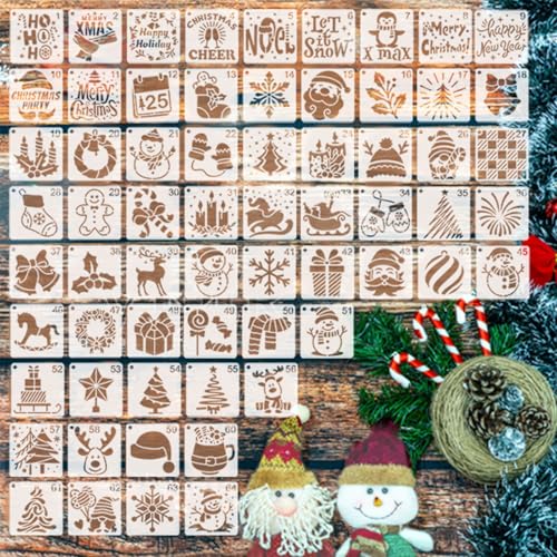 64 Stück Weihnachts Schablonen 7,6 x 7,6 cm Wiederverwendbare Malschablonen für Weihnachten DIY Vorlagen für Fenster Karten Holz und Stoff von Pabbyeey