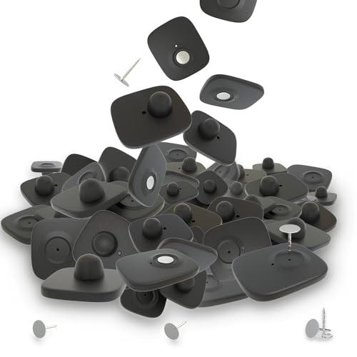 100 Stück Mini-Sicherungsetiketten Hartetiketten Warensicherungsetiketten, inklusive 100 Pins. Sicherheitsaufkleber Tags kompatibel mit RF 8,2 MHz für Kleidung Schuhe Taschen (4,6 x 3,8 cm) von Pacaba