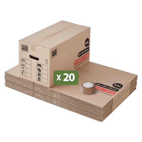 Pack And Move - Set 20 Umzugskartons Premium - 60 x 30 x 30 cm - Extreme Belastbarkeit 30 KG - Wiederverwendbar - Doppelwandig - Verstärkte Griffe - 1 Klebeband Gratis Pack And Move - Set 20 Umzugskartons Premium - 60 x 30 x 30 cm - Extreme Belastbarkeit 30 KG - Wiederverwendbar - Doppelwandig - Verstärkte Griffe - 1 Klebeband Gratis von Pack and Move