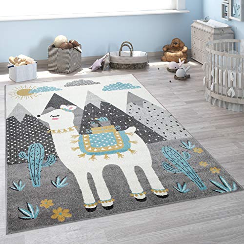 Paco Home Kinderteppich, Teppich Kinderzimmer Lama Berge Kinder-Motiv, Grau Türkis Gelb, Grösse:160x220 cm von Paco Home