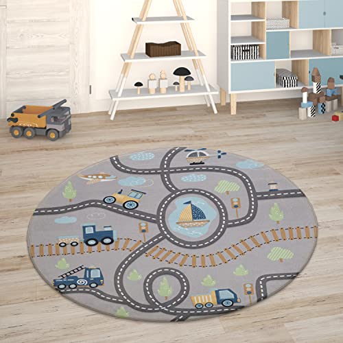 Paco Home Kinderteppich Teppich Kinderzimmer Spielmatte Straßenteppich Spielteppich, Grösse:150 cm Rund, Farbe:Grau 2 von Paco Home