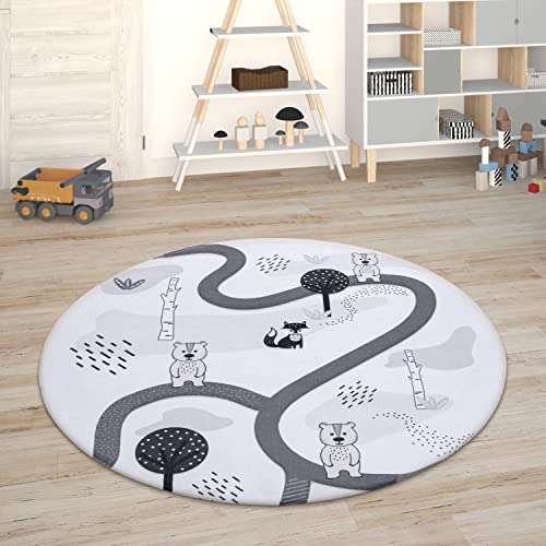 Paco Home Kinderteppich Teppich Kinderzimmer Spielmatte Straßenteppich Spielteppich, Grösse:150 cm Rund, Farbe:Weiß von Paco Home