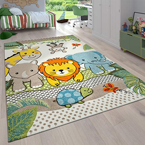 Paco Home Kinderzimmer Kinderteppich für Jungen mit Tier u. Dschungel Motiven Kurzflor, Grösse:140x200 cm, Farbe:Grün 2 von Paco Home