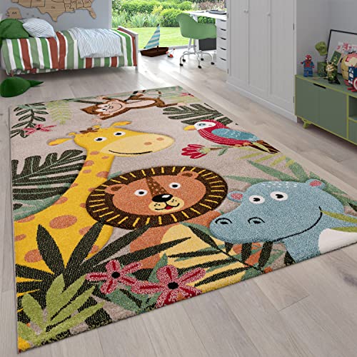 Paco Home Kinderzimmer Kinderteppich für Jungen mit Tier u. Dschungel Motiven Kurzflor, Grösse:200x290 cm, Farbe:Beige von Paco Home