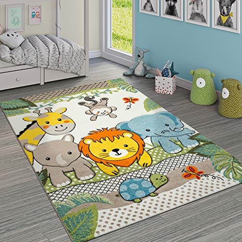 Paco Home Kinderzimmer Teppich Bunt Grün Fröhliche Tiere Zoo Dschungel Muster 3-D Design, Grösse:140x200 cm von Paco Home