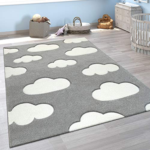 Paco Home Kinderzimmer Teppich Grau Weiß Pastellfarben Wolken Motiv Kurzflor 3-D Design, Grösse:120x170 cm von Paco Home