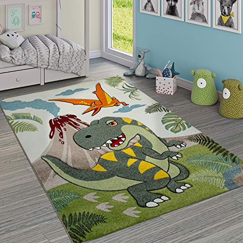 Paco Home Kinderzimmer Teppich Grün Dinosaurier Dschungel Vulkan 3-D Effekt Kurzflor, Grösse:133 cm Quadrat von Paco Home