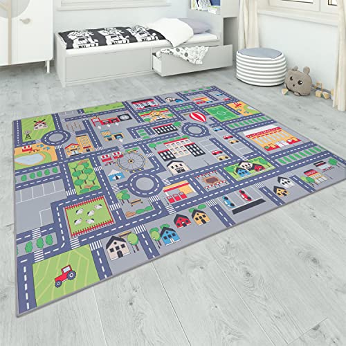 Paco Home Teppich Kinderzimmer Grau Kinderteppich Spielteppich Straßenteppich rutschfest Mädchen Jungs, Grösse:120x160 cm, Farbe:Grau 2 von Paco Home