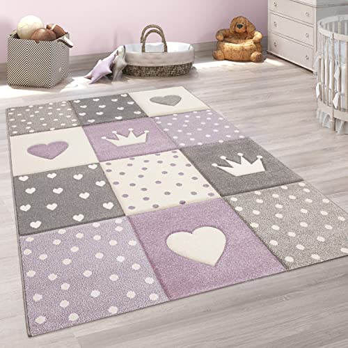 Paco Home Teppich Kinderzimmer Junge Mädchen Kinderteppich Spielteppich Kurzflor 3D Optik Pastell Punkte Herzen Krone, Grösse:240x340 cm, Farbe:Lila von Paco Home