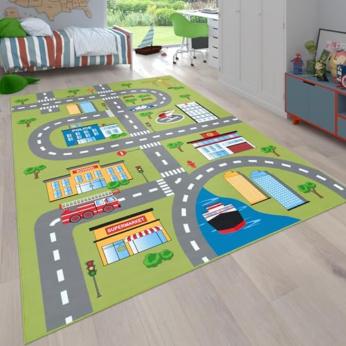 Paco Home Teppich Kinderzimmer Kinderteppich Spielteppich Straßen Und Auto Motiv rutschfest Grün Grau, Grösse:100x200 cm von Paco Home