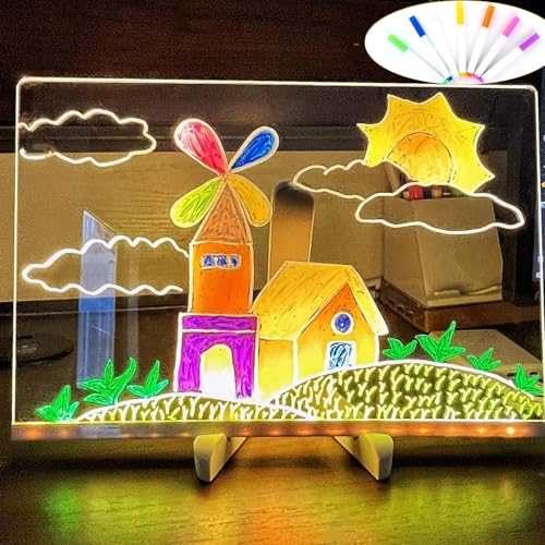 LED-Zeichentafel, LED-Notiztafel mit 7 Farben, Kreativität Leuchtet auf, Wiederbeschreibbare Acryl-Nachrichtentafel mit Licht, Verstellbarem Ständer und USB (20 * 20CM) von PacuM