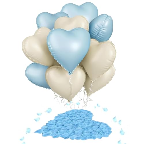PacuM Romantische Dekorationen, 10 Stück blau-weiße Herz-Folienballons 45,7 cm, Liebesherz, Heliumballons + 1000 blaue Rosenblätter, Seidenblumenblätter für Abschlussfeier, Babyparty, Jahrestag PacuM Romantische Dekorationen, 10 Stück blau-weiße Herz-Folienballons 45,7 cm, Liebesherz, Heliumballons + 1000 blaue Rosenblätter, Seidenblumenblätter für Abschlussfeier, Babyparty, Jahrestag von PacuM