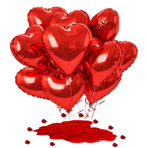 PacuM Romantische Dekorationen, 10 Stück rote Herz-Folienballons 45,7 cm, Liebesherz, Heliumballons + 1000 rote Rosenblätter aus Seide für Valentinstag, Verlobung, Brautparty, Hochzeitstag PacuM Romantische Dekorationen, 10 Stück rote Herz-Folienballons 45,7 cm, Liebesherz, Heliumballons + 1000 rote Rosenblätter aus Seide für Valentinstag, Verlobung, Brautparty, Hochzeitstag von PacuM