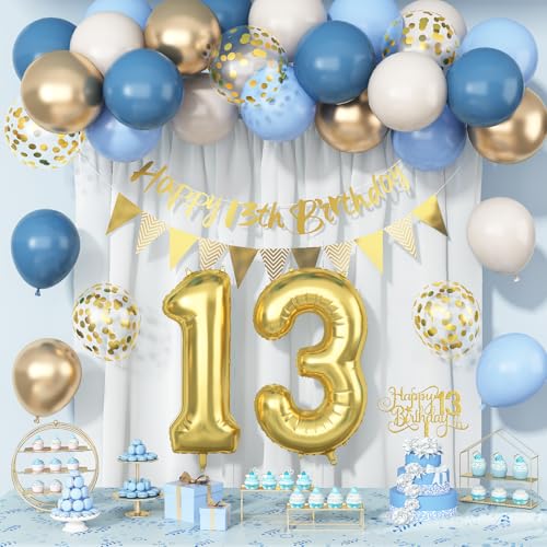 13. Geburtstag Dekorationen für Mann und Frau, staubig hellblau creme beige gold Luftballons mit Happy 13th Birthday Banner Geburtstag Kuchen Topper Zahl 13 Jahre alt Folienballon für Geburtstagsfeier 13. Geburtstag Dekorationen für Mann und Frau, staubig hellblau creme beige gold Luftballons mit Happy 13th Birthday Banner Geburtstag Kuchen Topper Zahl 13 Jahre alt Folienballon für Geburtstagsfeier von Paeyeq