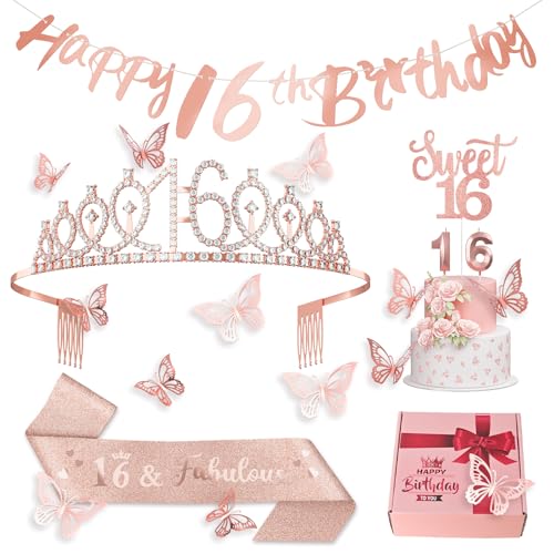 16. Geburtstag Mädchen Dekoration 16 Geburtstag Schärpe, Tiara, Kuchentopper, Nummer 16 Kerzen, Alles Gute Zum 16. Geburtstag Banner, 3D Schmetterling 12pcs für Geburtstagsparty Deko Accessoires von Paeyeq