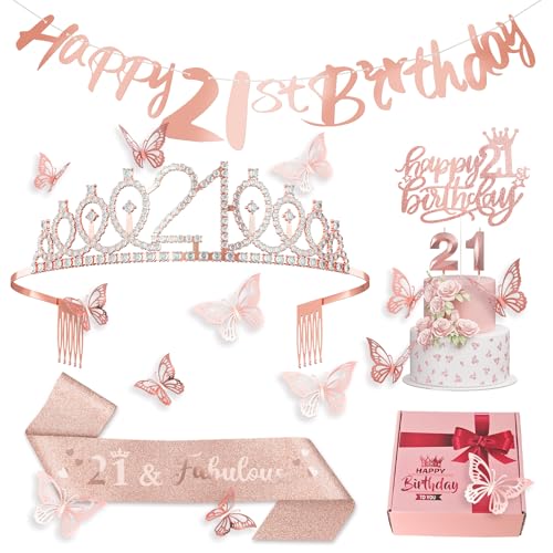 21. Geburtstag Mädchen Dekoration 21 Geburtstag Schärpe, Tiara, Kuchentopper, Nummer 18 Kerzen, Alles Gute Zum 21. Geburtstag Banner, 3D Schmetterling 12pcs für Geburtstagsparty Deko Accessoires von Paeyeq