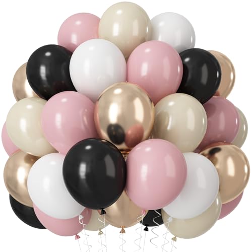 60 Stück schwarze und rosa Luftballons, Retro-Luftballons, Altrosa, Elfenbein, Sand, Weiß, Schwarz, Latex-Luftballons mit metallischem Champagner, Gold, Boho-Party-Ballon für Frauen, Mädchen von Paeyeq