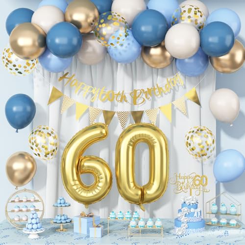 60. Geburtstag Dekorationen für Frauen Männer, Dusty Blue Cream White Gold 60 Luftballons Happy 60th Birthday Bunting Banner & Cake Topper Nummer 60 Folienballon für Ihn Sie 60 Jahre alt Geburtstag von Paeyeq