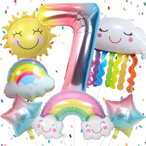 7 Jahre Regenbogen Geburtstag Deko für Mädchen, Regenbogen Folienballon 7, Regenbogen Geburtstagsdeko mit Regenbogen Sonne Folie Luftballon Regenbogen Sterne Ballons für 7. Geburtstag Mädchen Deko von Paeyeq