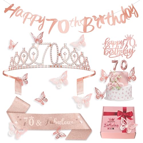 70. Geburtstag Frauen Dekoration 70 Geburtstag Schärpe, Tiara, Kuchentopper, Nummer 70 Kerzen, Alles Gute Zum 70. Geburtstag Banner, 3D Schmetterling 12pcs für Geburtstagsparty Deko Accessoires von Paeyeq