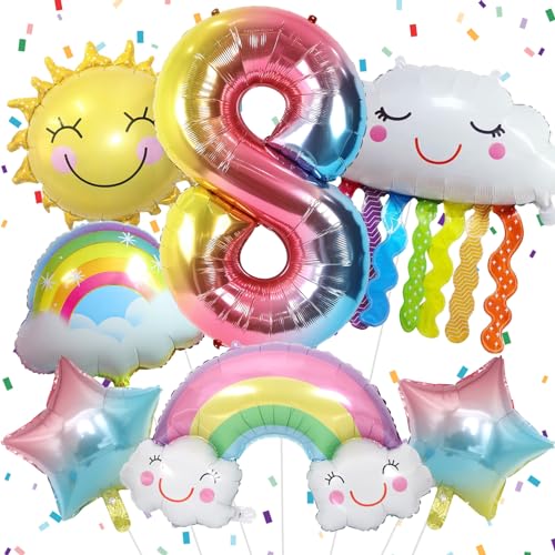 8 Jahre Regenbogen Geburtstag Deko für Mädchen, Regenbogen Folienballon 8, Regenbogen Geburtstagsdeko mit Regenbogen Sonne Folie Luftballon Regenbogen Sterne Ballons für 8. Geburtstag Mädchen Deko von Paeyeq