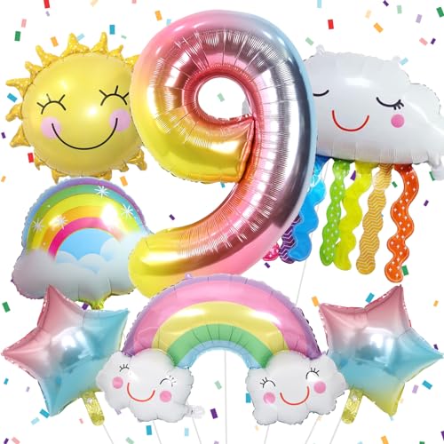 9 Jahre Regenbogen Geburtstag Deko für Mädchen, Regenbogen Folienballon 9, Regenbogen Geburtstagsdeko mit Regenbogen Sonne Folie Luftballon Regenbogen Sterne Ballons für 9. Geburtstag Mädchen Deko von Paeyeq